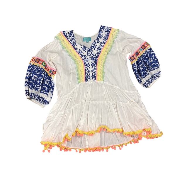Women's Embroidered Multicolor Boho Pom Pom Cotton Mini Sheer Tunic Dress - Picture 1 of 10